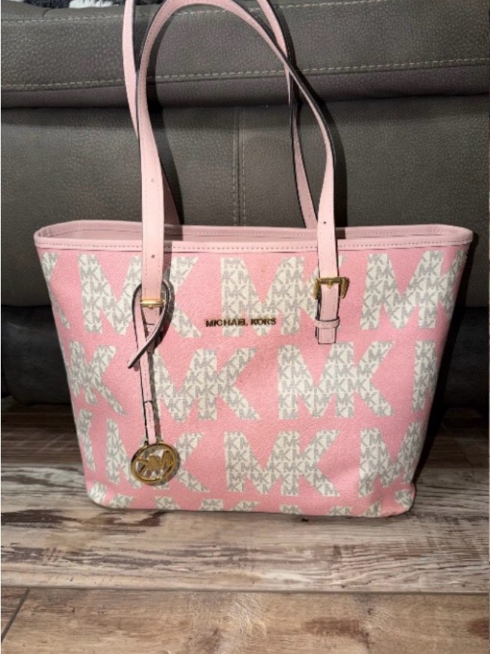 Michael Kors Pink MK Logo Canvas Tote with Gold Hardware